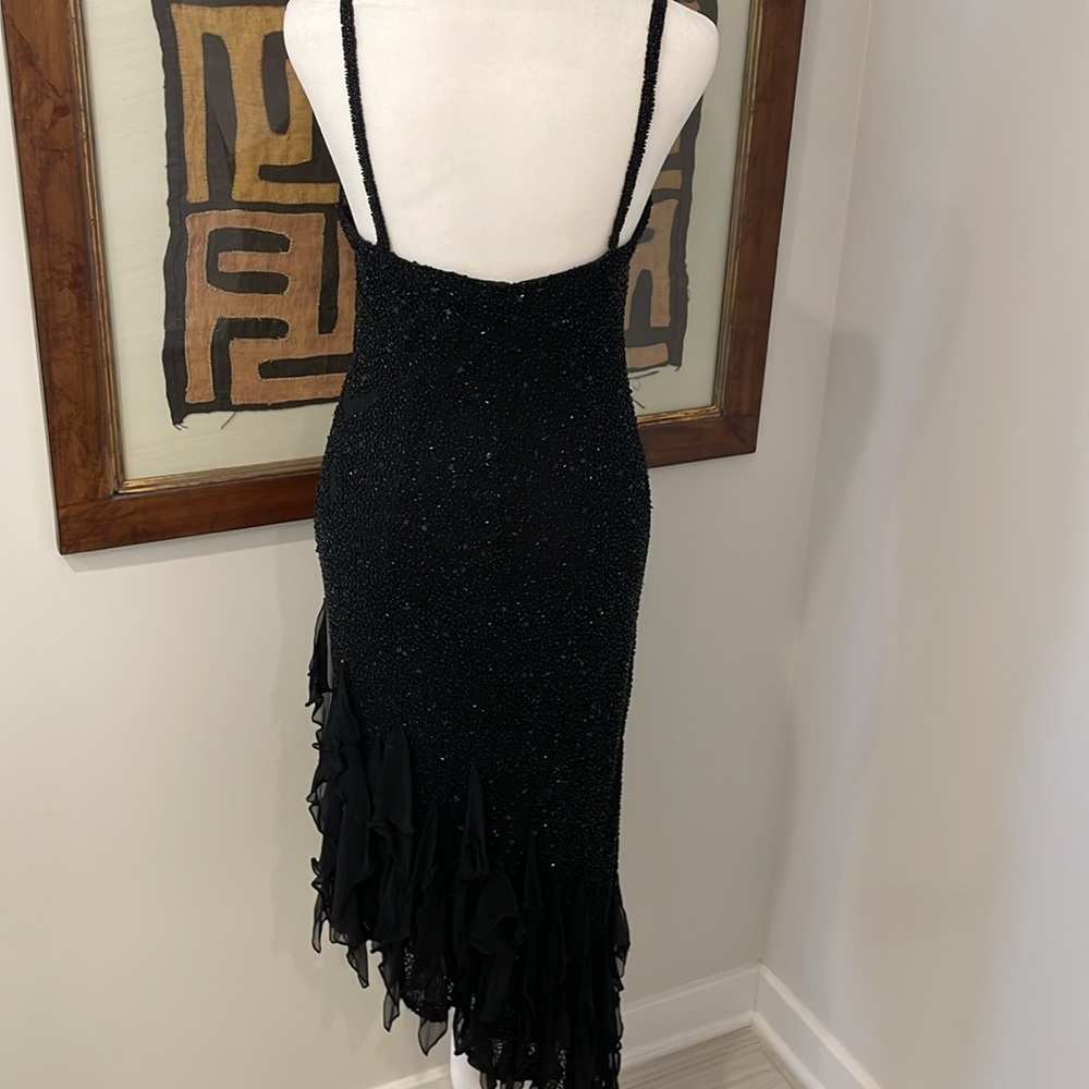 White House Black Market Black Beaded 100% Silk Asymmetrical Cocktail Dress - Picture 6 of 11